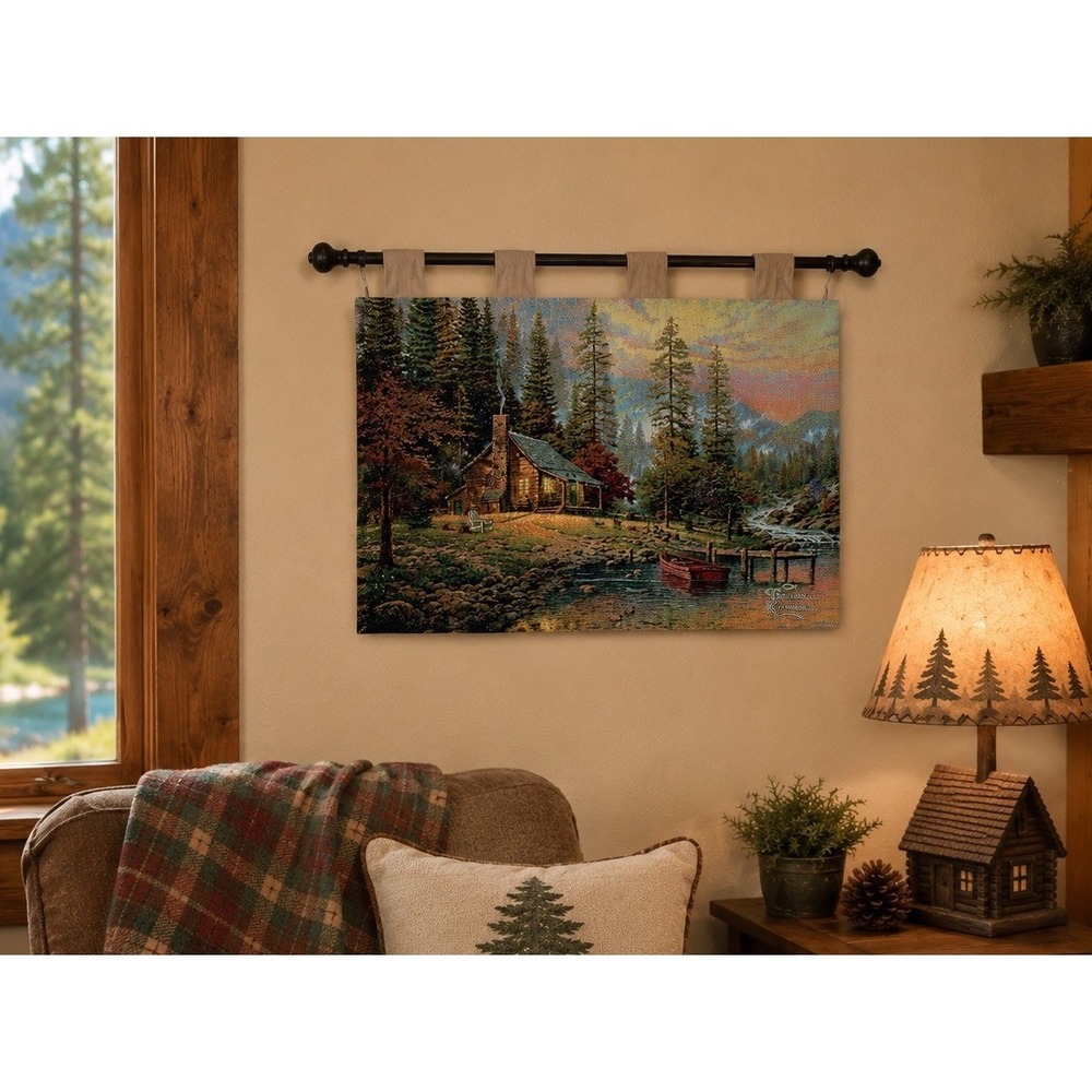 Thomas Kinkade Tapestry Wall Hanging Cabin Boat Duck Pier A Peaceful Retreat USA